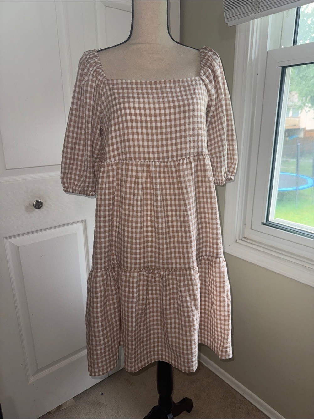 Square-Neck Gingham Tiered Maternity Midi Dress in Light Brown